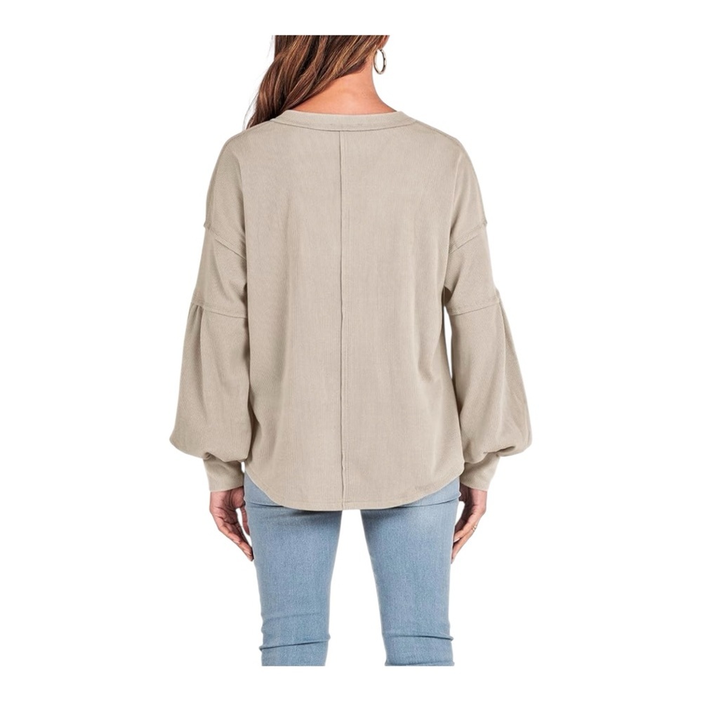 BTFBM Ribbed V-Neck Balloon Sleeve Tunic Top Beige Size L - Picture 6 of 10